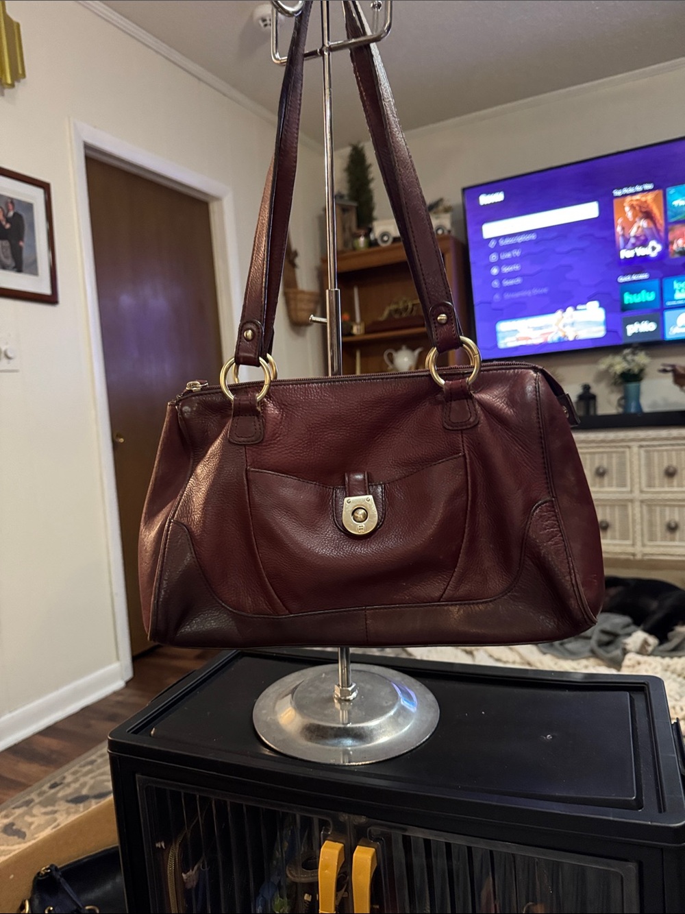 Women's Burgundy Leather Shoulder Bag with Gold Hardware